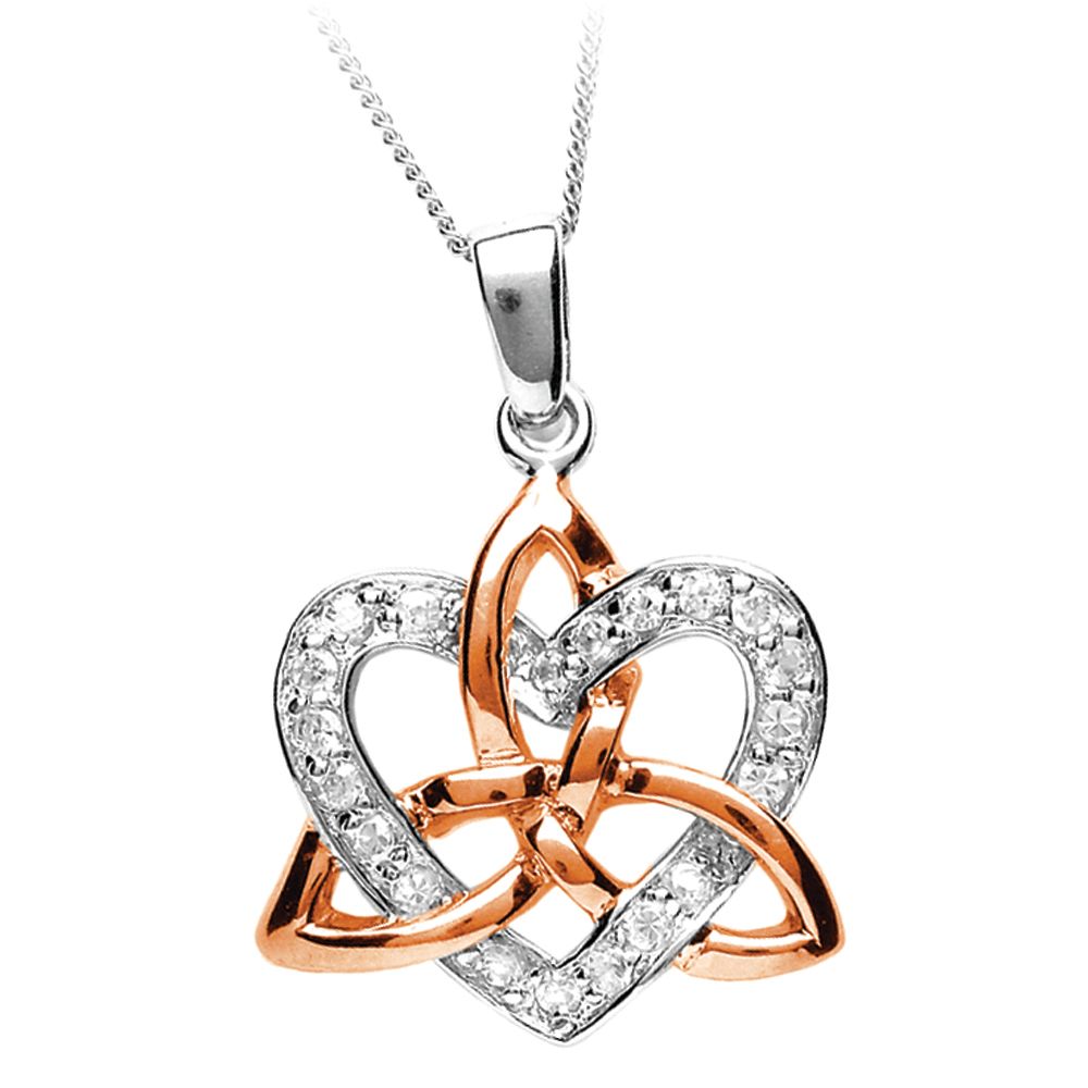 Sterling Silver CZ Heart and Trinity Knot Pendant on a 18&quot; Sterling Silver Curb Chain