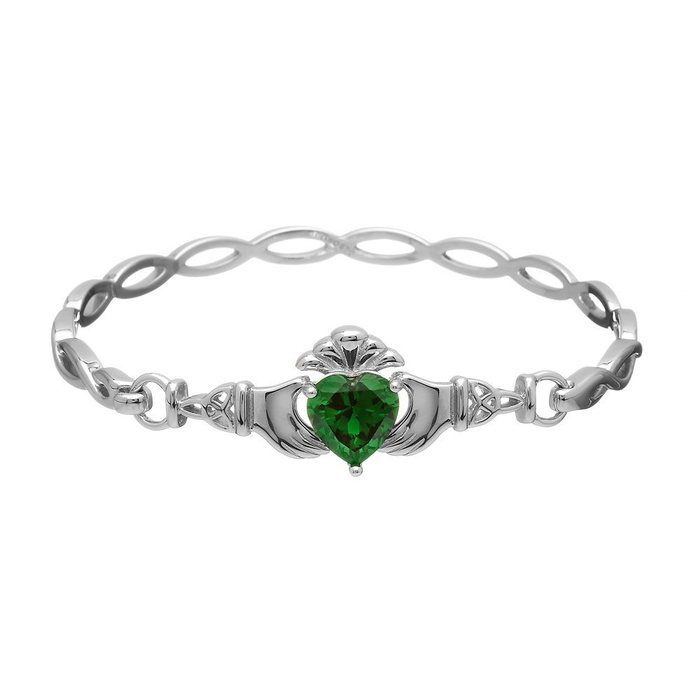 Sterling Silver Claddagh Green CZ Bangle