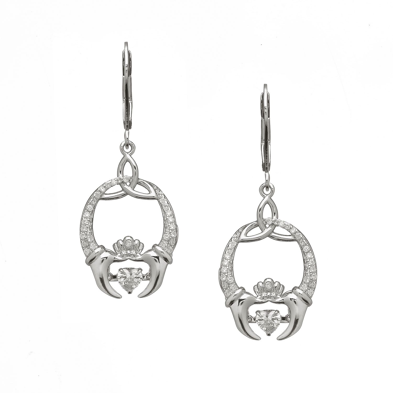 Sterling Silver Damhsa Trinity &amp; Claddagh CZ Dancing Heart Earrings