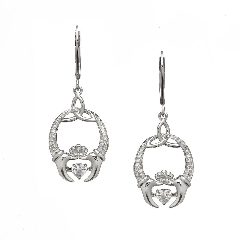 Sterling Silver Damhsa Trinity &amp; Claddagh CZ Dancing Heart Earrings
