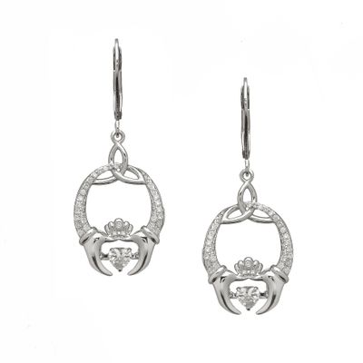 Sterling Silver Damhsa Trinity &amp; Claddagh CZ Dancing Heart Earrings