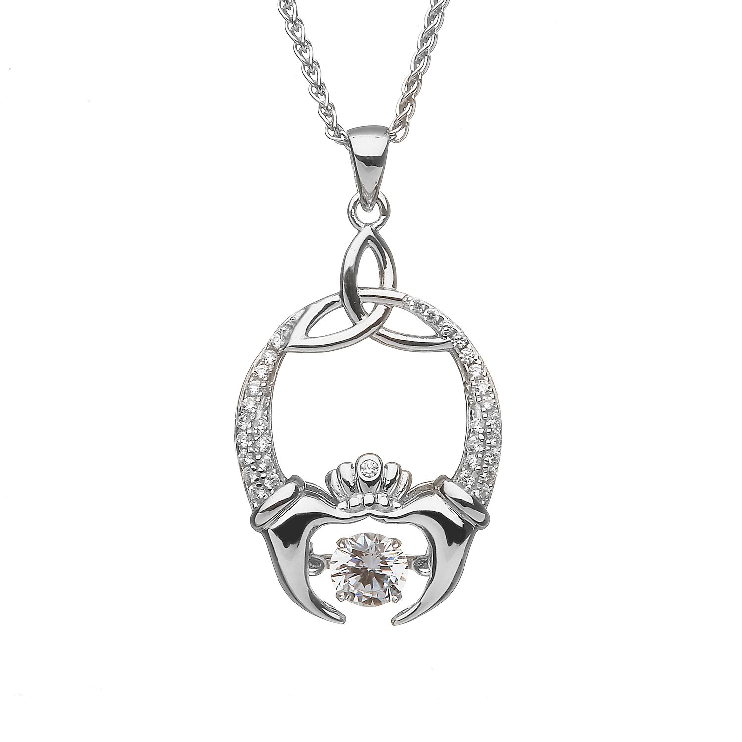 Sterling Silver Damhsa Dancing Trinity &amp; Claddagh CZ Pendant on an 18&quot; Sterling Silver Pendant