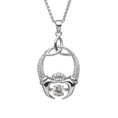 Sterling Silver Damhsa Dancing Trinity &amp; Claddagh CZ Pendant on an 18&quot; Sterling Silver Pendant