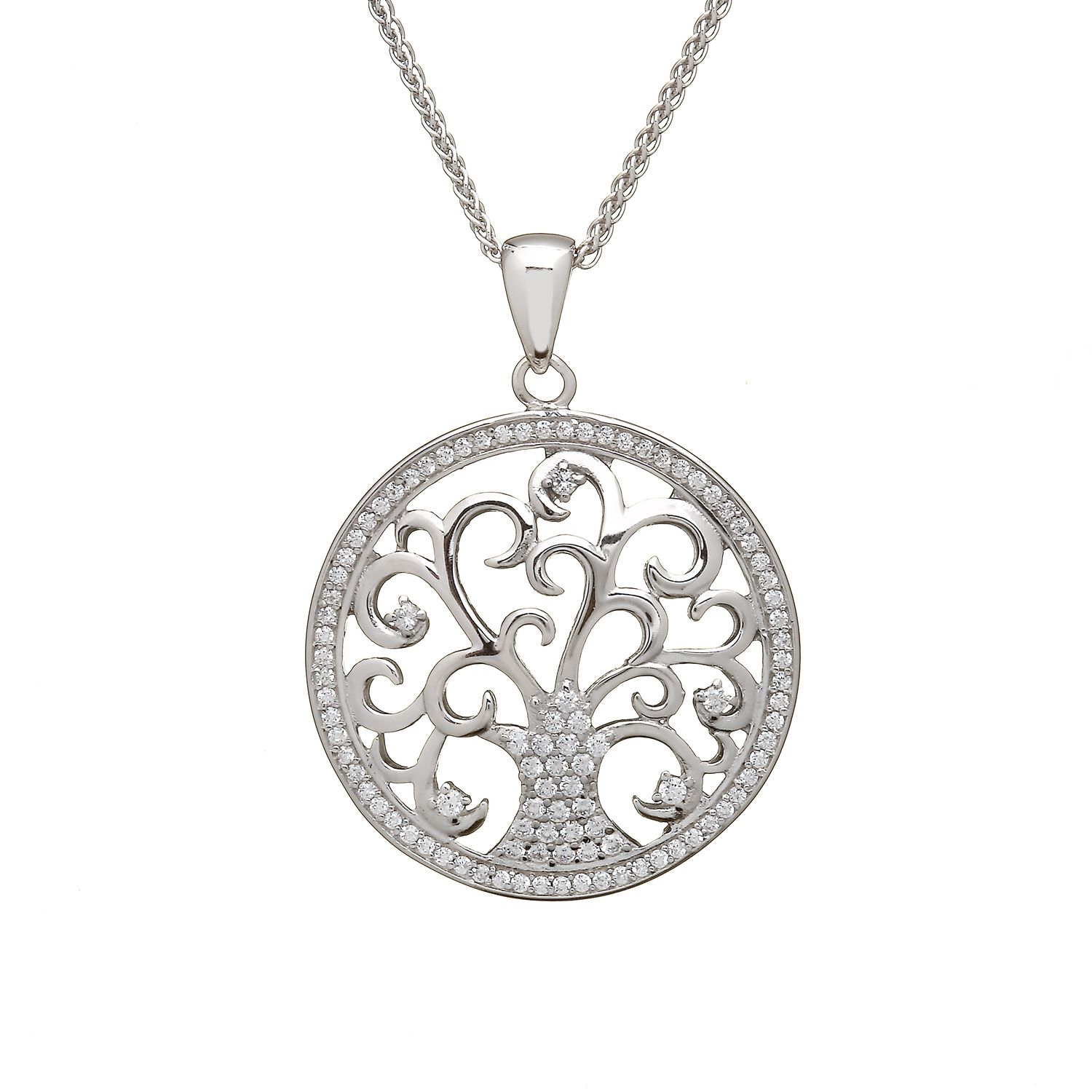 Sterling Silver Tree of Life CZ Pendant on an 18&quot; Sterling Silver Spiga Chain