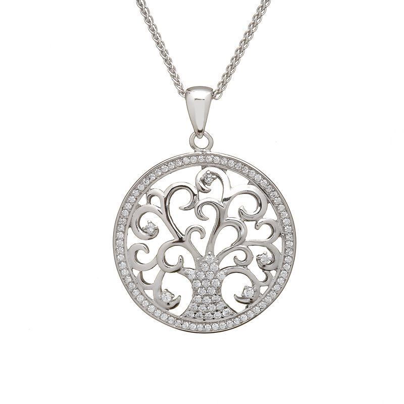 Sterling Silver Tree of Life CZ Pendant on an 18" Sterling Silver Spiga Chain