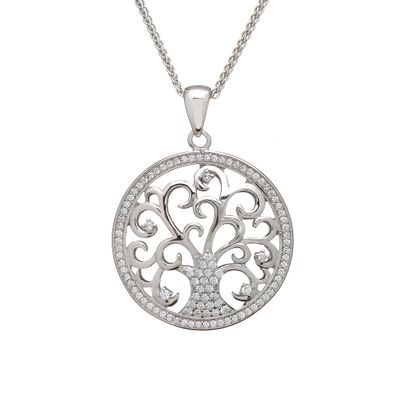 Sterling Silver Tree of Life CZ Pendant on an 18&quot; Sterling Silver Spiga Chain