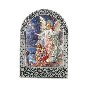Antique Silver Metal Arched Easel with Gold Embossed Guardian Angel Print