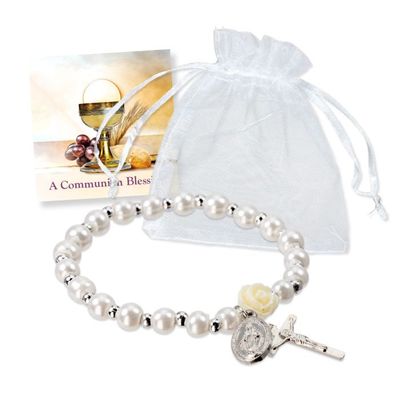 White Pearl Bead Stretch Rosary Bracelet with Silver Oxidized Crucifix and Medal