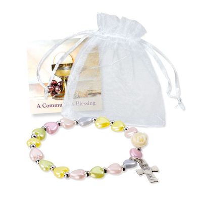 Multicolored Pearl Heart Beaded Stretch Bracelet with Silver Oxidized Crucifix and Medal