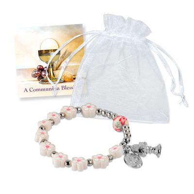 8mm White Flower Fimo Bead Rosary Stretch Bracelet