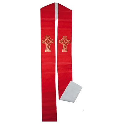 Priest Stole- Celtic Cross, Reversible- Red/Off-White