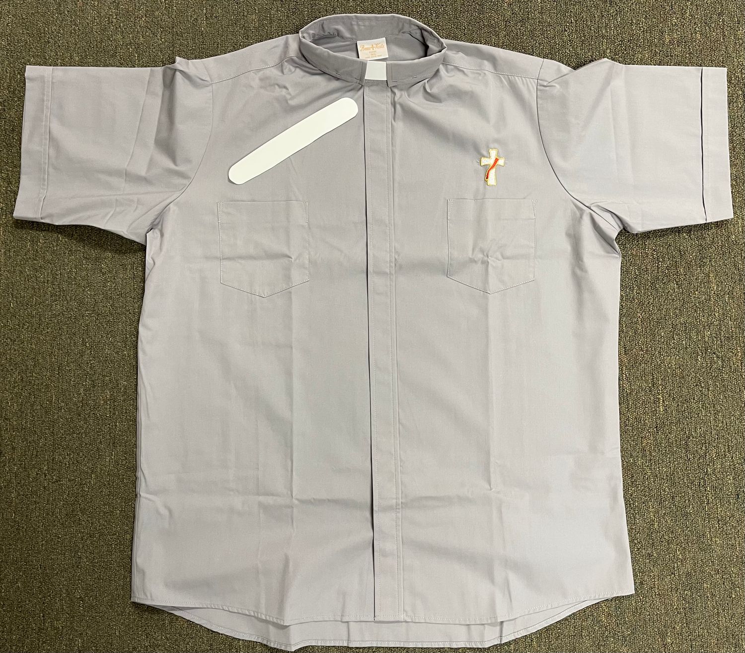 Grey Deacon Short Sleeve Tab Collar Shirt with Embroidered Deacon Cross