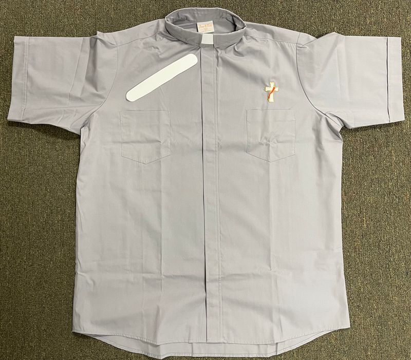 Grey Deacon Short Sleeve Tab Collar Shirt with Embroidered Deacon Cross