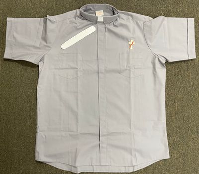 Grey Deacon Short Sleeve Tab Collar Shirt with Embroidered Deacon Cross