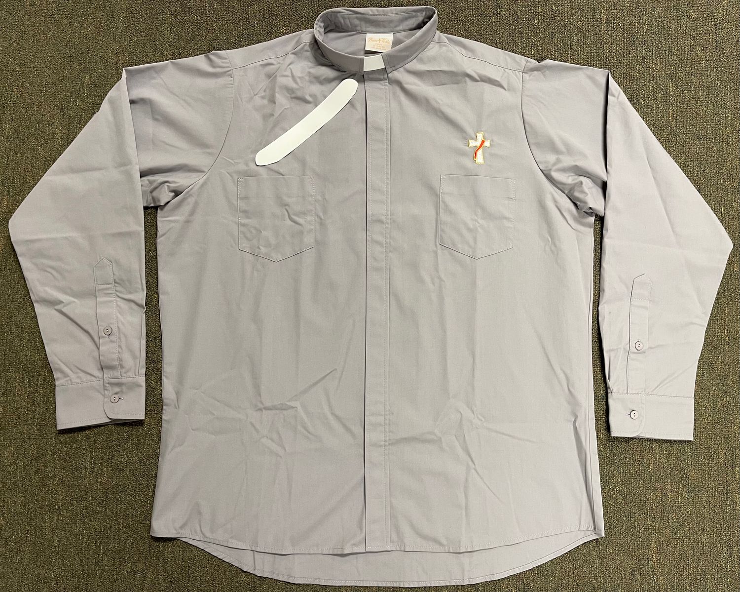 Grey Deacon Long Sleeve Tab Collar Shirt with Embroidered Deacon Cross