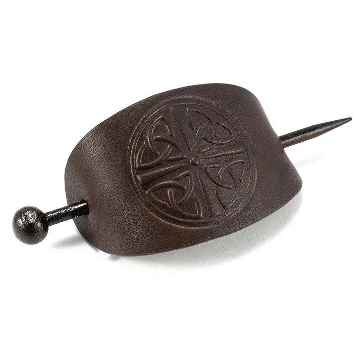 Celtic Leather Barrette with Stick - Brown