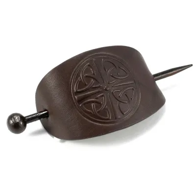 Celtic Leather Barrette with Stick - Brown