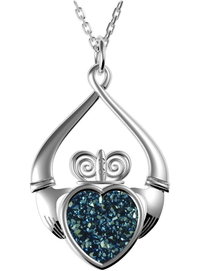 Sterling Silver Claddagh Drusy Sea Green Pendant on a 18&quot; Sterling Silver Chain