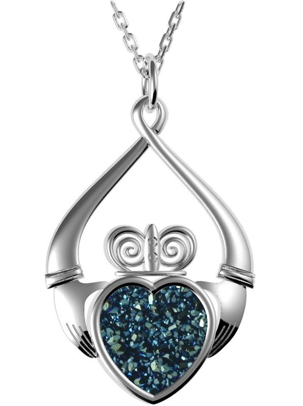 Sterling Silver Claddagh Drusy Sea Green Pendant on a 18" Sterling Silver Chain