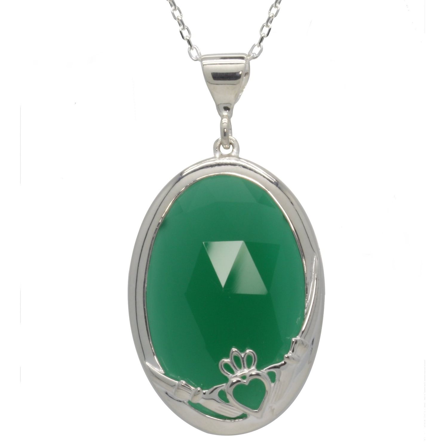 Sterling Silver Claddagh Pendant Green Onyx on a 18&quot; Sterling Silver Chain
