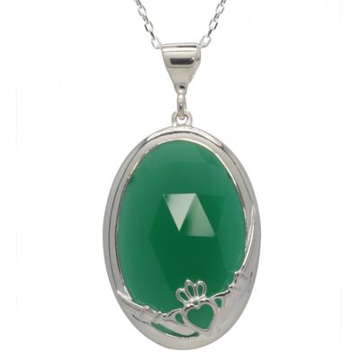 Sterling Silver Claddagh Pendant Green Onyx on a 18&quot; Sterling Silver Chain