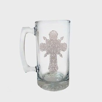 Celtic Cross Engraved 26oz Beer Stein, Glass Beer Mug