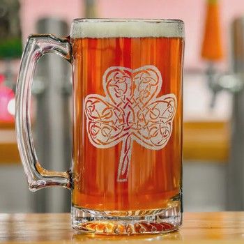Celtic Shamrock Engraved 26oz Beer Stein, Glass Beer Mug
