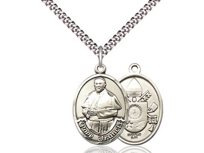 Sterling Silver Pope Francis on a 24&quot; Light Rhodium Heavy Curb Chain