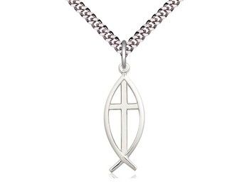 Sterling Silver Fish Cross Pendant on a 24&quot; Light Rhodium Heavy Curb Chain.