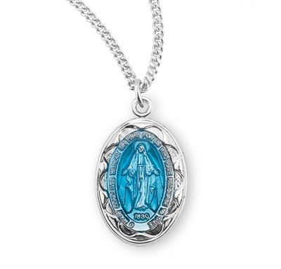 Sterling Silver Blue Enamel Miraculous Medal on a 18&quot; Rhodium Plated Chain