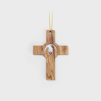 2D Christmas Cross Nativity Mary, Joseph and Jesus, Holy Land Olive Wood Christmas Ornament