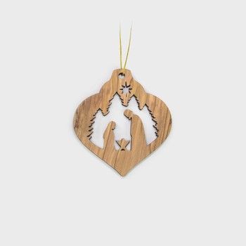 2D Vintage Christmas Bulb Nativity with Trees, Holy Land Olive Wood Christmas Ornament