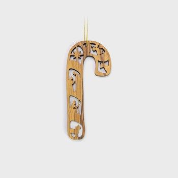 2D Christmas Candy Cane Nativity with Shepherd and Angel, Holy Land Olive Wood Christmas Ornament