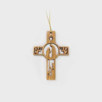 2D Christmas Cross Nativity with Shepherd and Angels, Holy Land Olive Wood Christmas Ornament
