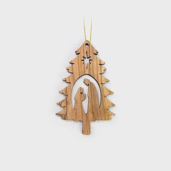 2D Christmas Tree Nativity, Holy Land Olive Wood Christmas Ornament