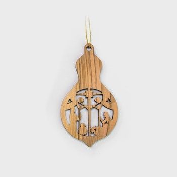 2D Christmas Bulb Shepherds and Angels, Holy Land Olive Wood Christmas Ornament