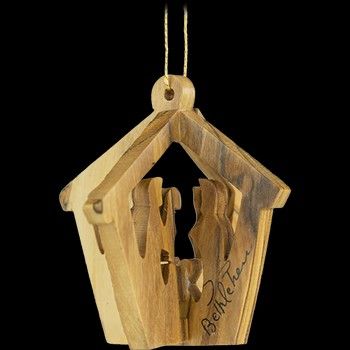 Holy Family Manger Nativity, 3-Dimensional Holy Land Olive Wood Ornament