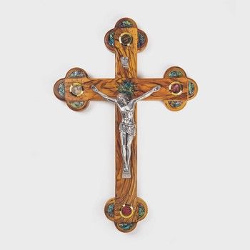 15&quot; Olive Wood &amp; Mother of Pearl Crucifix Wall Cross with Holy Land Elements