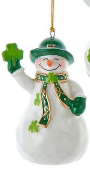 3.75&quot; Porcelain Irish Snowman Ornament- Shamrock in Right Hand