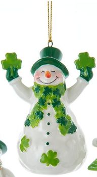 3.5&quot; Porcelein Irish Snowman Ornament- Shamrocks in Both Hands