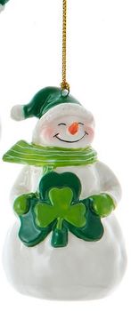 3.5&quot; Irish Snowman Ornament- Holding Double Shamrocks