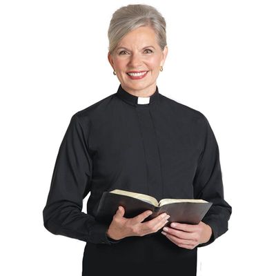 Women&#39;s Long Sleeve Tab Collar Clergy Shirt - Black