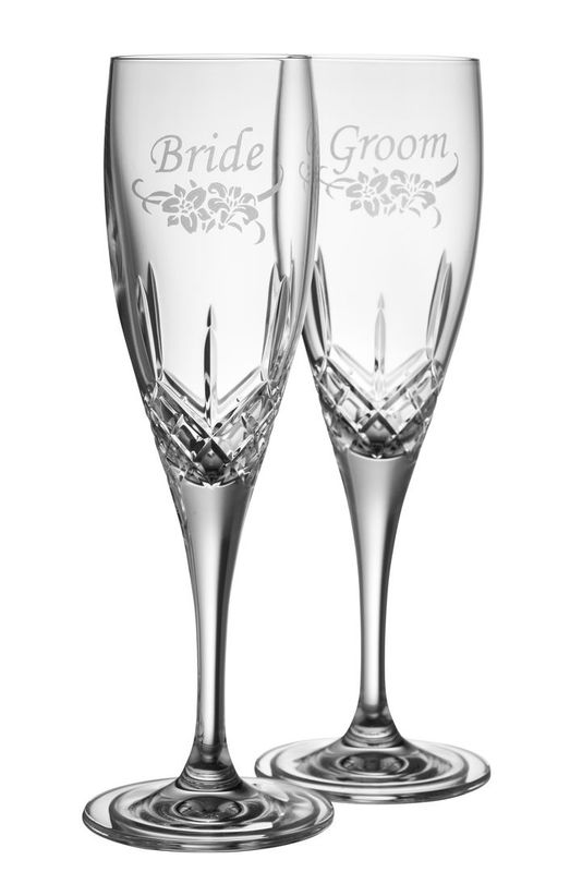 Galway Irish Crystal Bride &amp; Groom Flute (Floral Spray) Pair