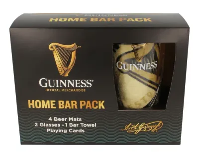 Guinness® Home Bar Pack- 4 Beer Mats, 2 Pint Glasses, 1 Bar Towel, &amp; Playing Cards