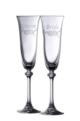 Galway Irish Crystal Floral Bride &amp; Groom Liberty Flute (Pair)
