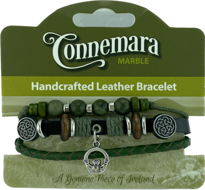 Claddagh Charm Leather and Marble Hippy Bracelet