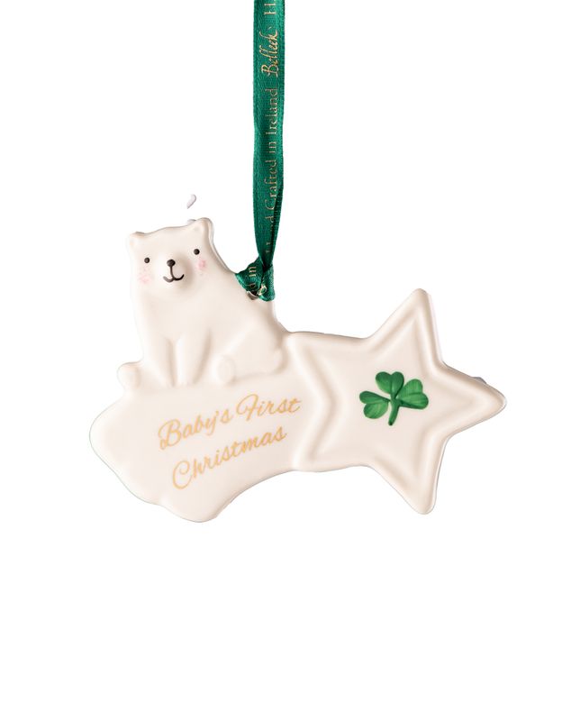 Belleek Baby Bears 1st Christmas Ornament Shamrock Disc.