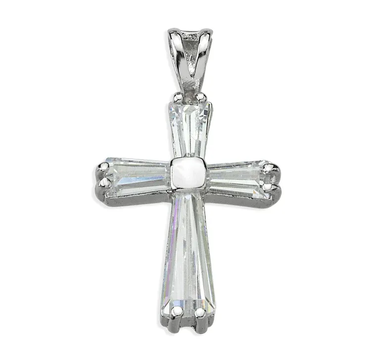 Crystal Zircon Cross Pendant on a 18" Rhodium Plated Chain