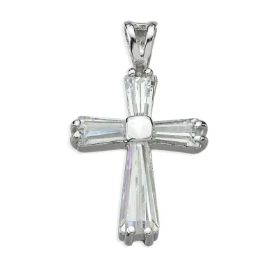 Crystal Zircon Cross Pendant on a 18" Rhodium Plated Chain Crystal Zircon Cross Pendant on a 18" Rhodium Plated Chain