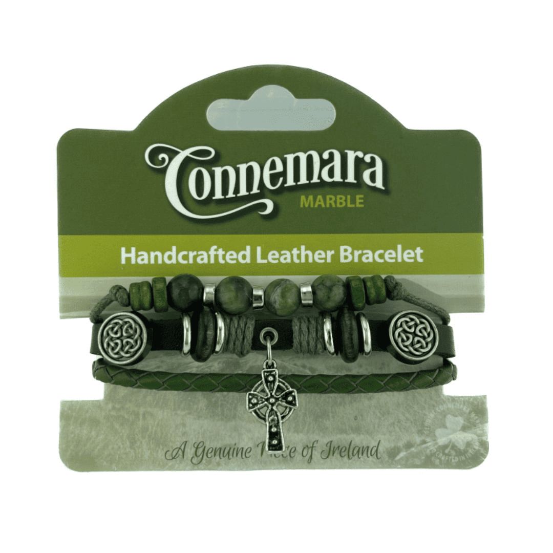 Celtic Cross Charm Leather and Marble Hippy Bracelet